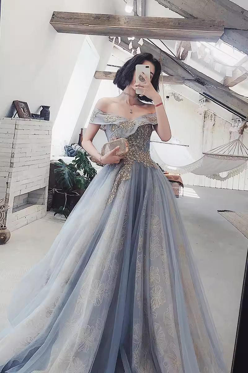 A line Off The Shoulder Gray Prom Dresses Long Evening Dress