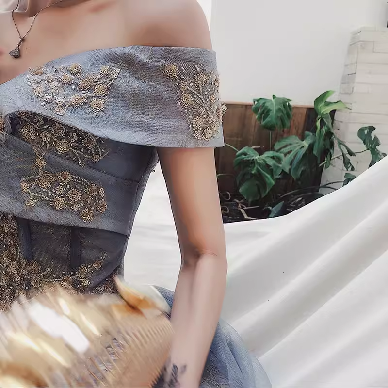 A line Off The Shoulder Gray Prom Dresses Long Evening Dress