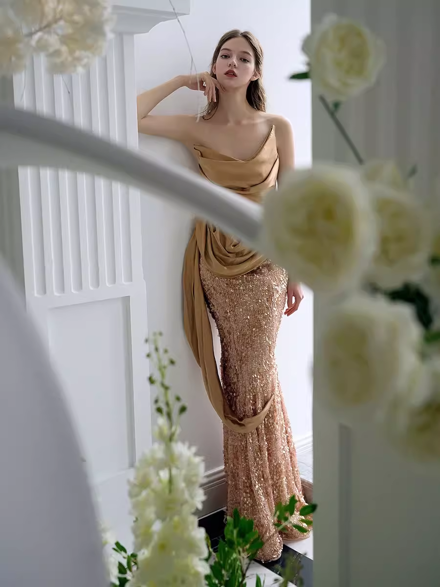 Mermaid Strapless Sequin Prom Dresses Evening Dress