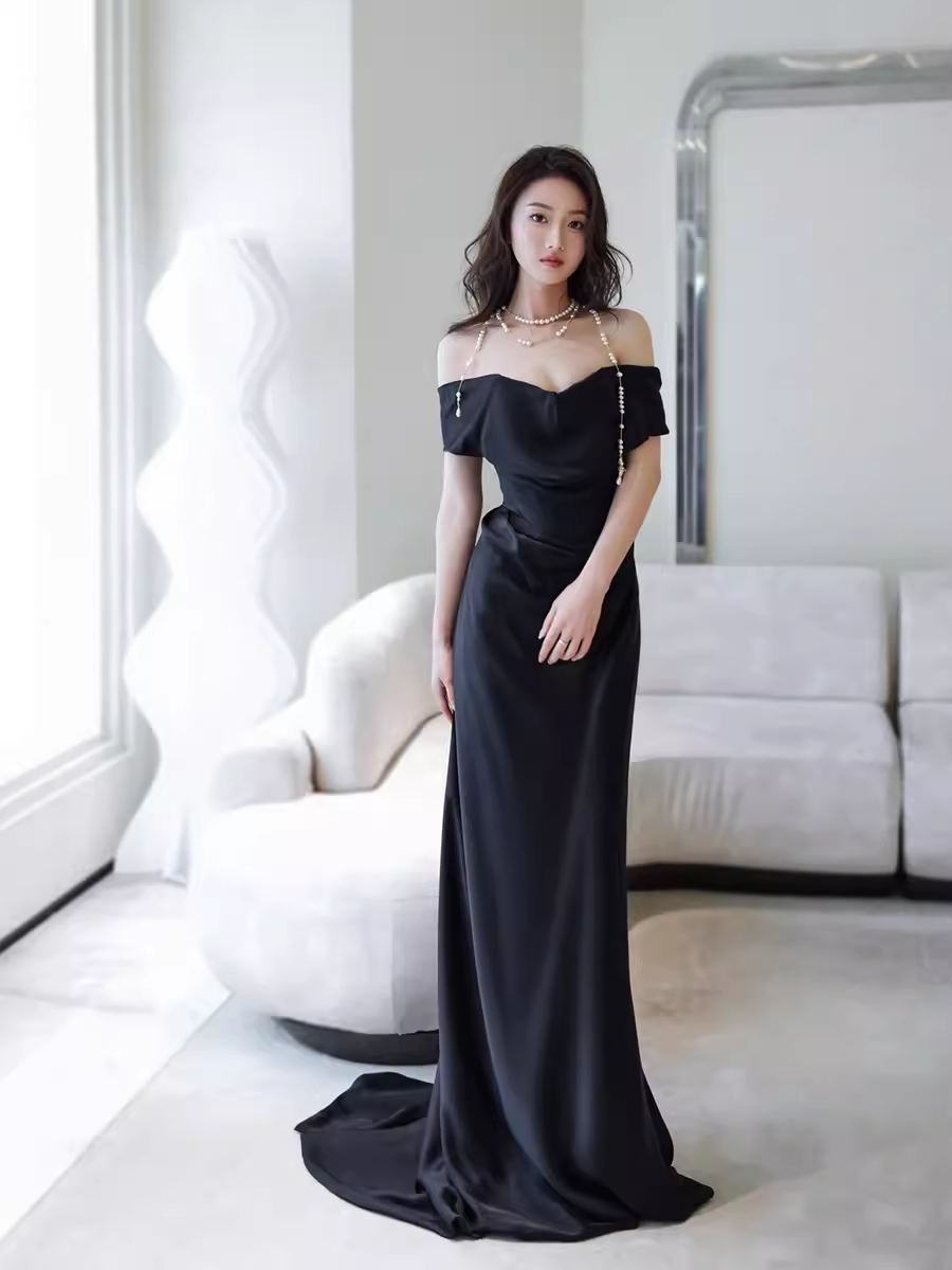 Simple Mermaid Off The Shoulder Black Prom Dresses Evening Dress
