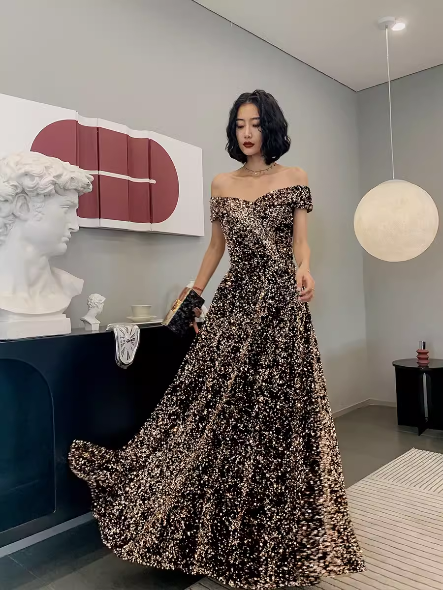 Simple A line Sequin Prom Dresses Evening Dress