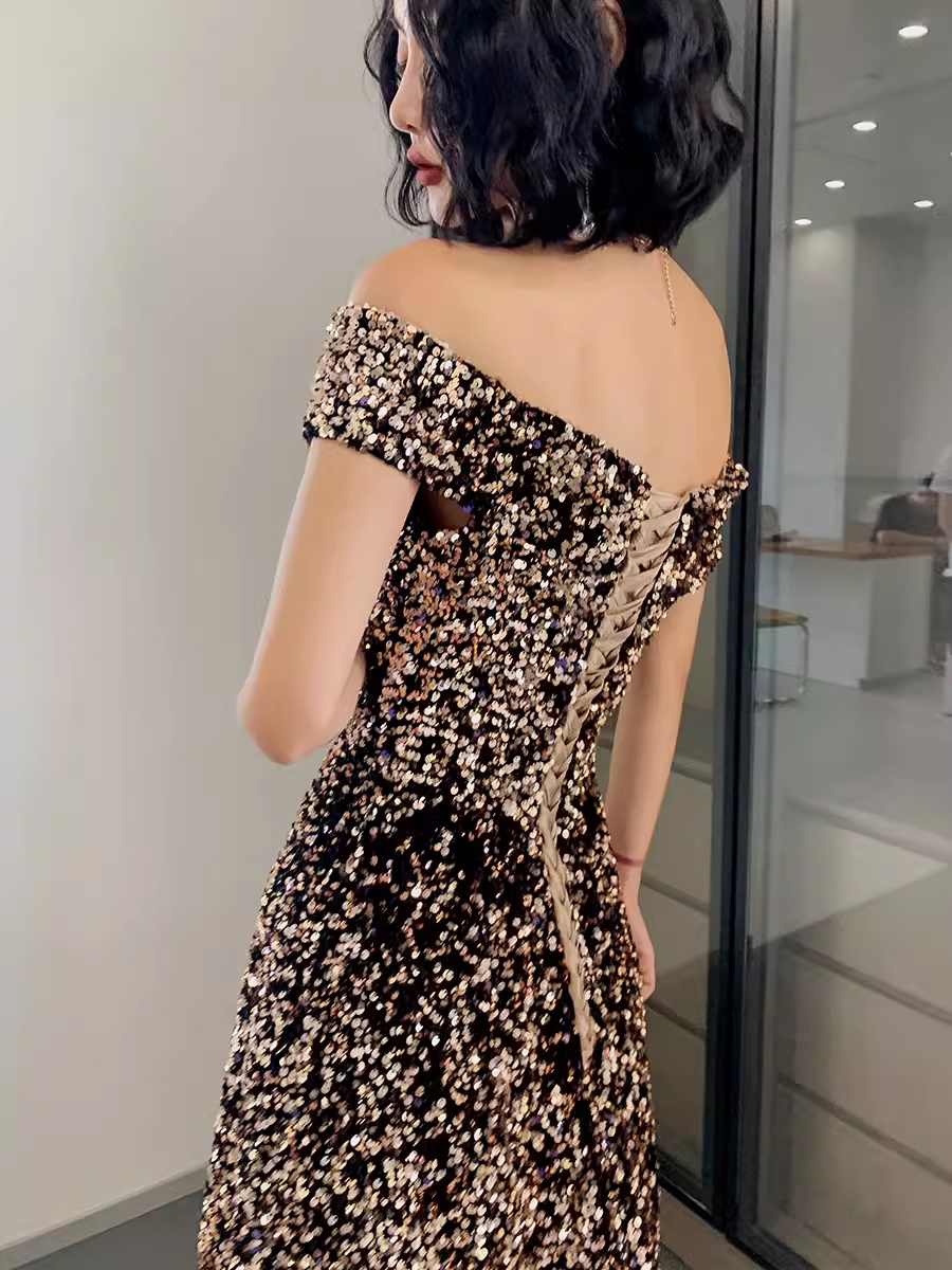 Simple A line Sequin Prom Dresses Evening Dress