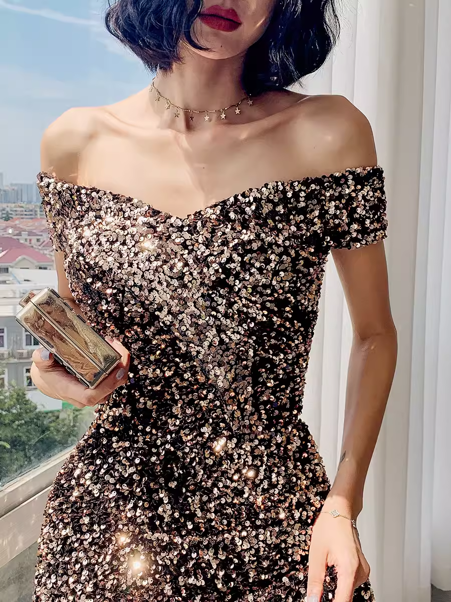 Simple A line Sequin Prom Dresses Evening Dress