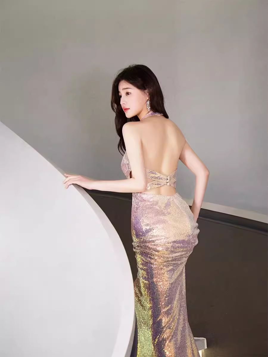 Mermaid Halter Sequin Backless Prom Dresses Evening Dress
