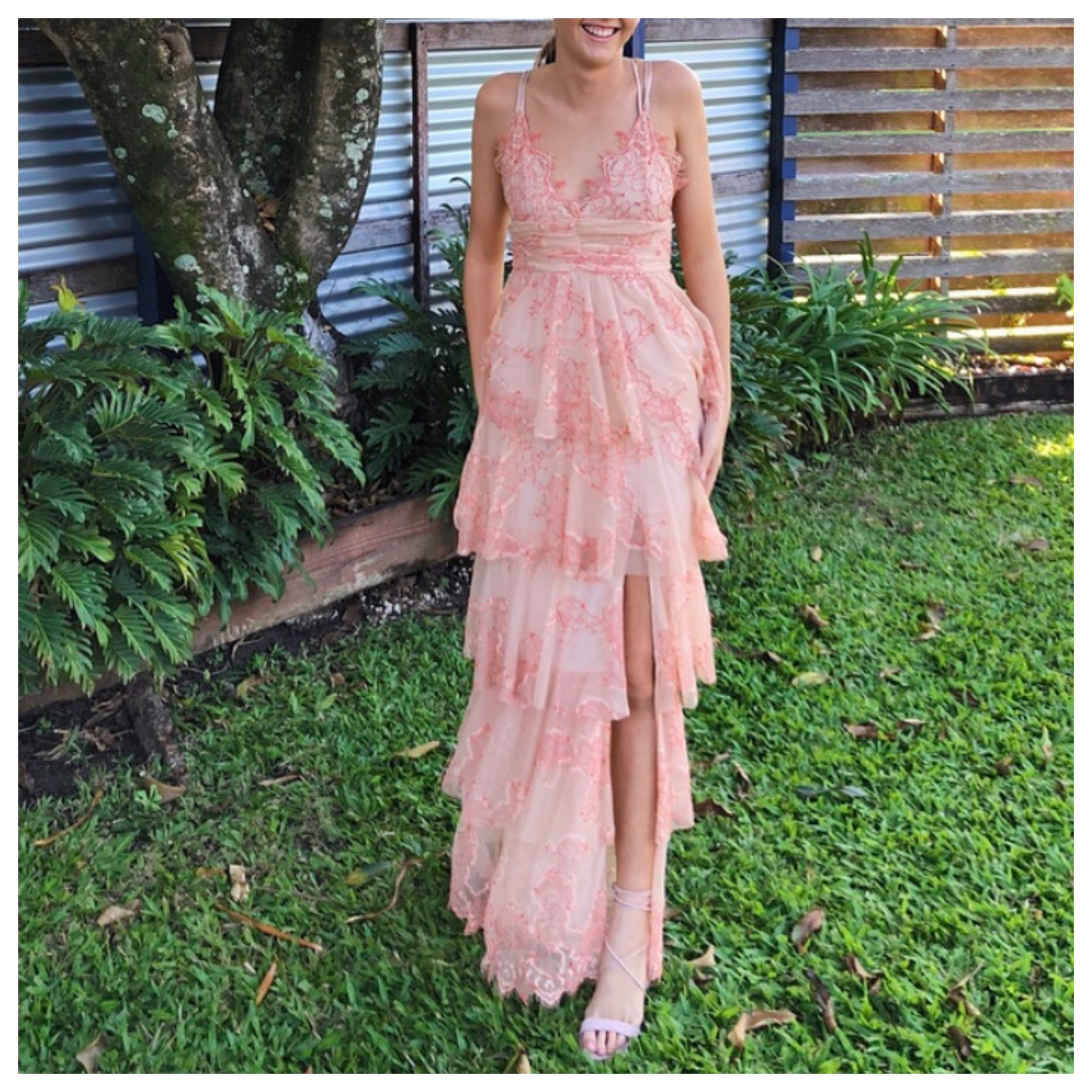 Sexy Sheath Lace Pink Prom Dress Ruffles Party Dresses