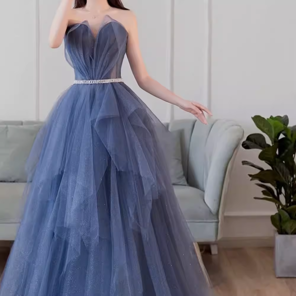 Simple Ball Gown Strapless Tulle Prom Dresses Evening Dress