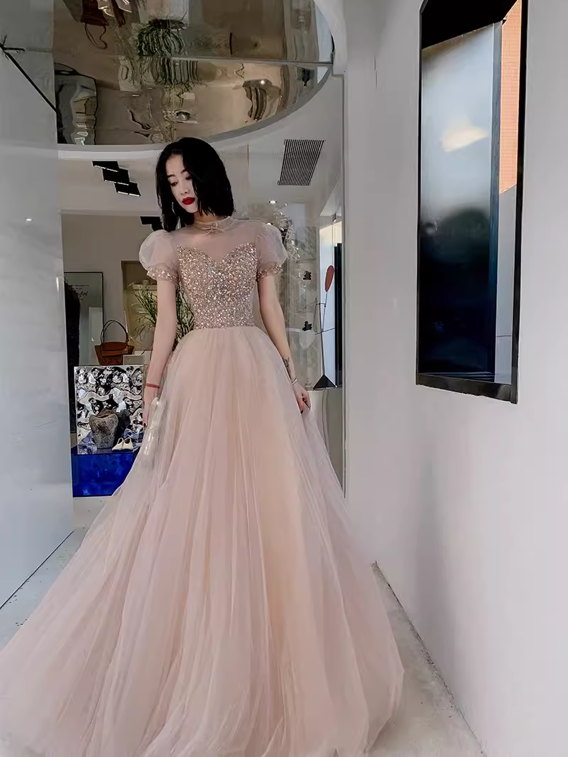 Simple A Line Champagne Tulle Prom Dresses Evening Dress