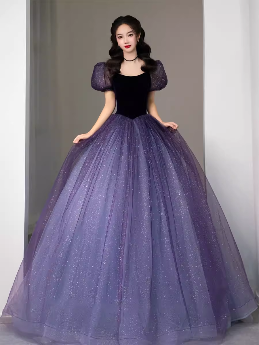 Simple A Line Grape Tulle Prom Dresses Evening Dress