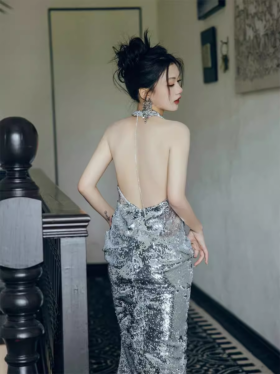 Sexy Mermaid Silver Sequin Prom Dresses Evening Dress