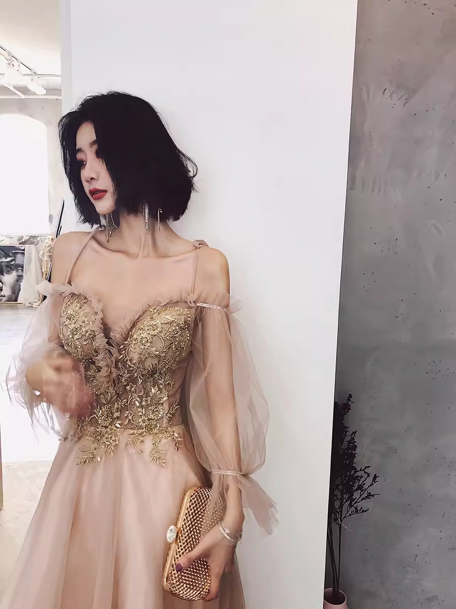 Simple A Line Long Sleeves Champagne Tulle Prom Dresses Evening Dress