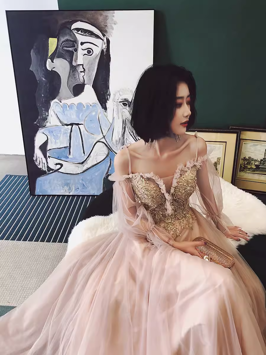 Simple A Line Long Sleeves Champagne Tulle Prom Dresses Evening Dress