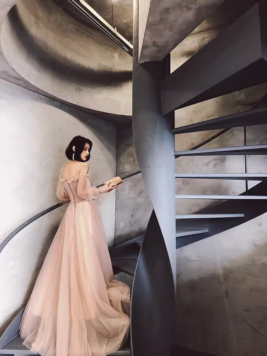 Simple A Line Long Sleeves Champagne Tulle Prom Dresses Evening Dress