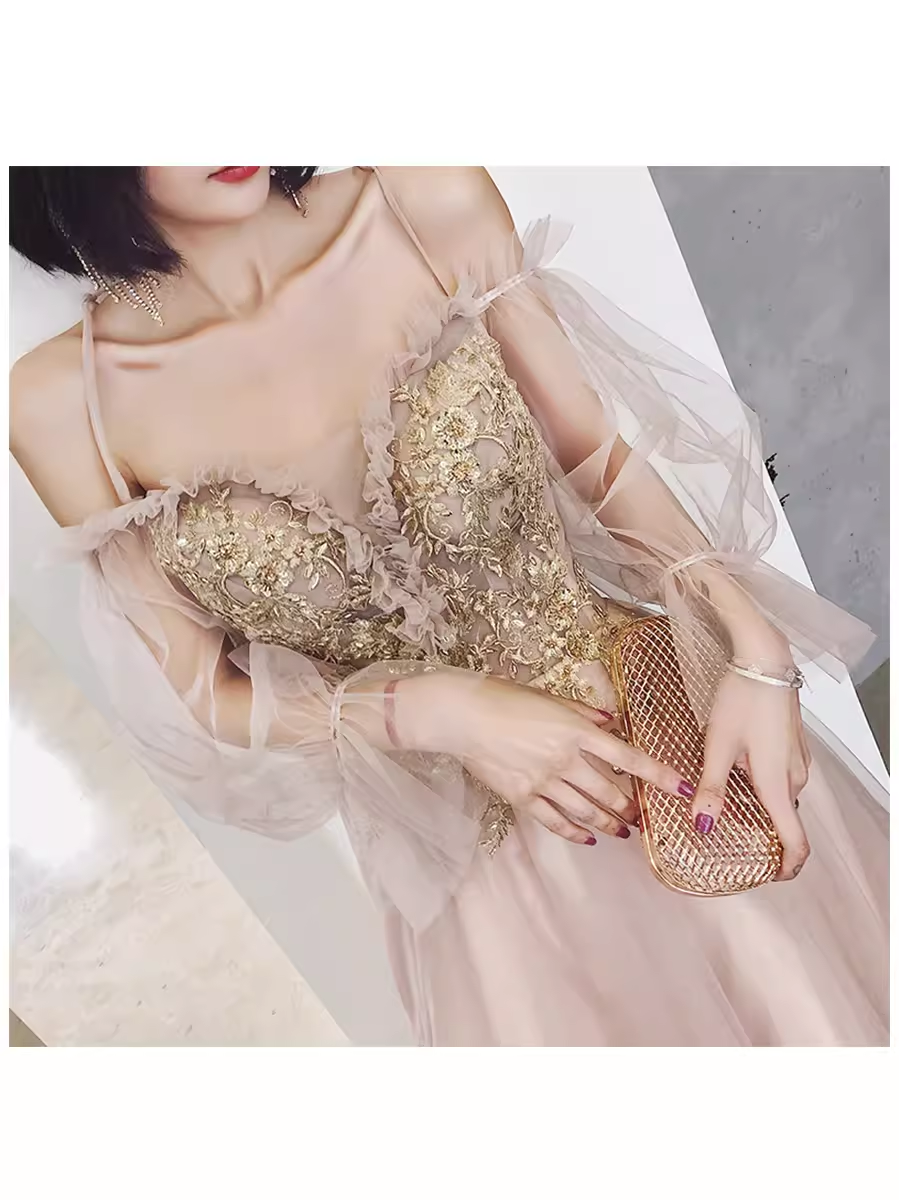 Simple A Line Long Sleeves Champagne Tulle Prom Dresses Evening Dress