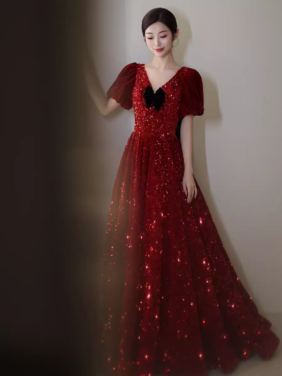 Sexy A line Burgundy Sequin Prom Dresses Evening Dress