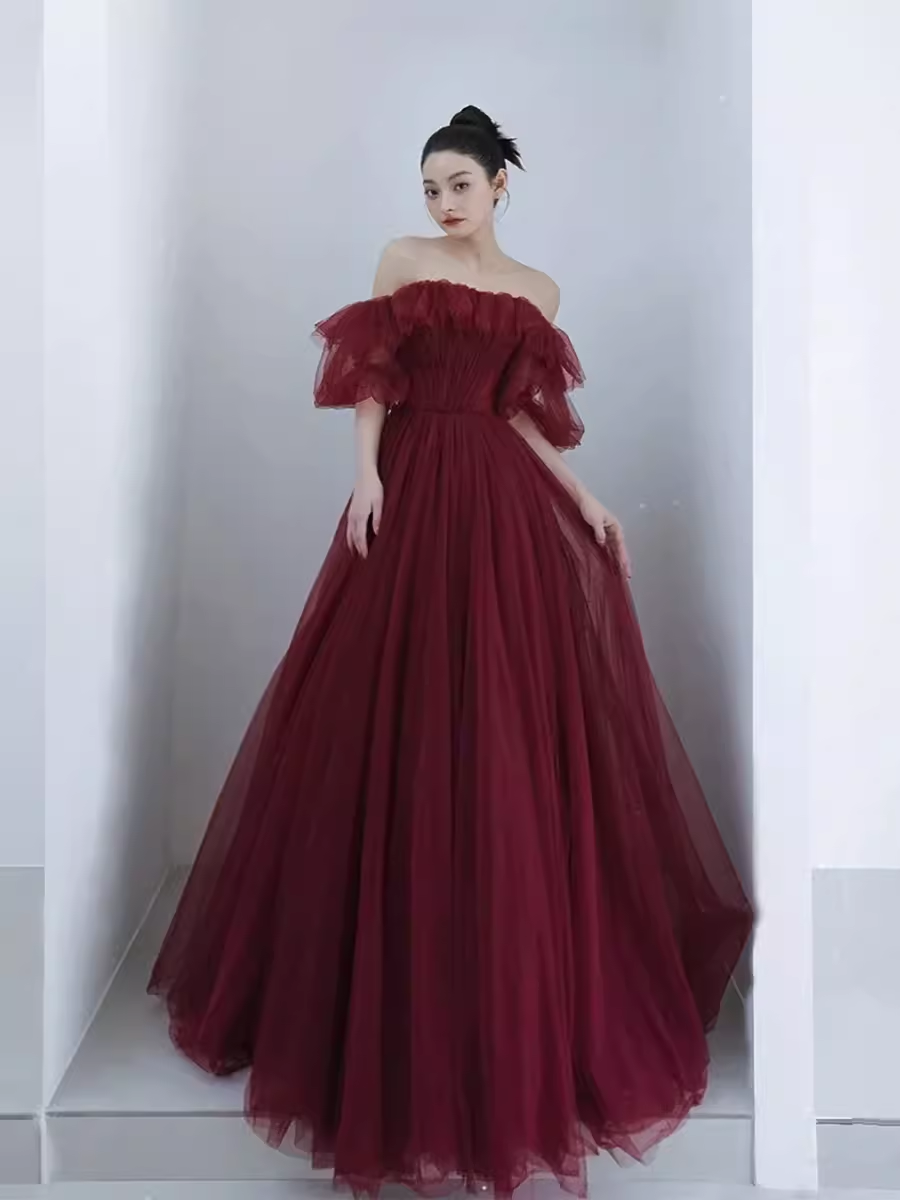 Ball Gown Burgundy Off The Shoulder Prom Dresses Evening Dress
