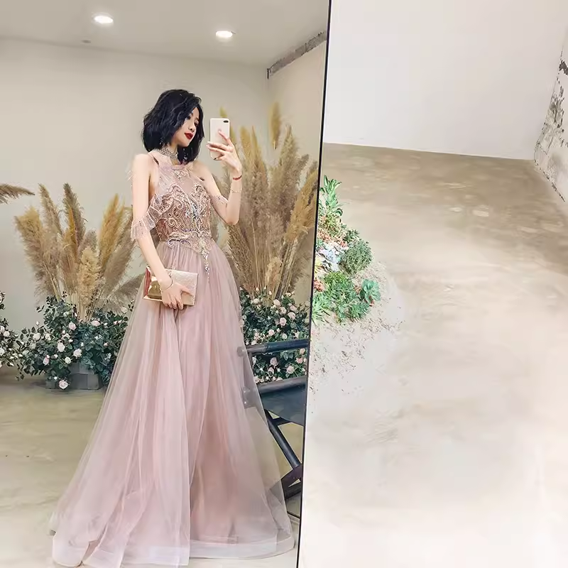 Simple A Line Pink Tulle Prom Dresses Evening Dress