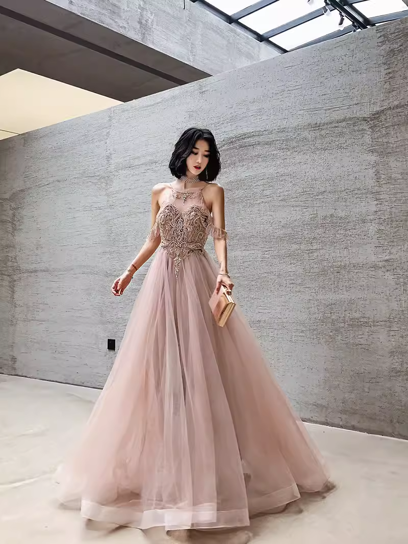 Simple A Line Pink Tulle Prom Dresses Evening Dress