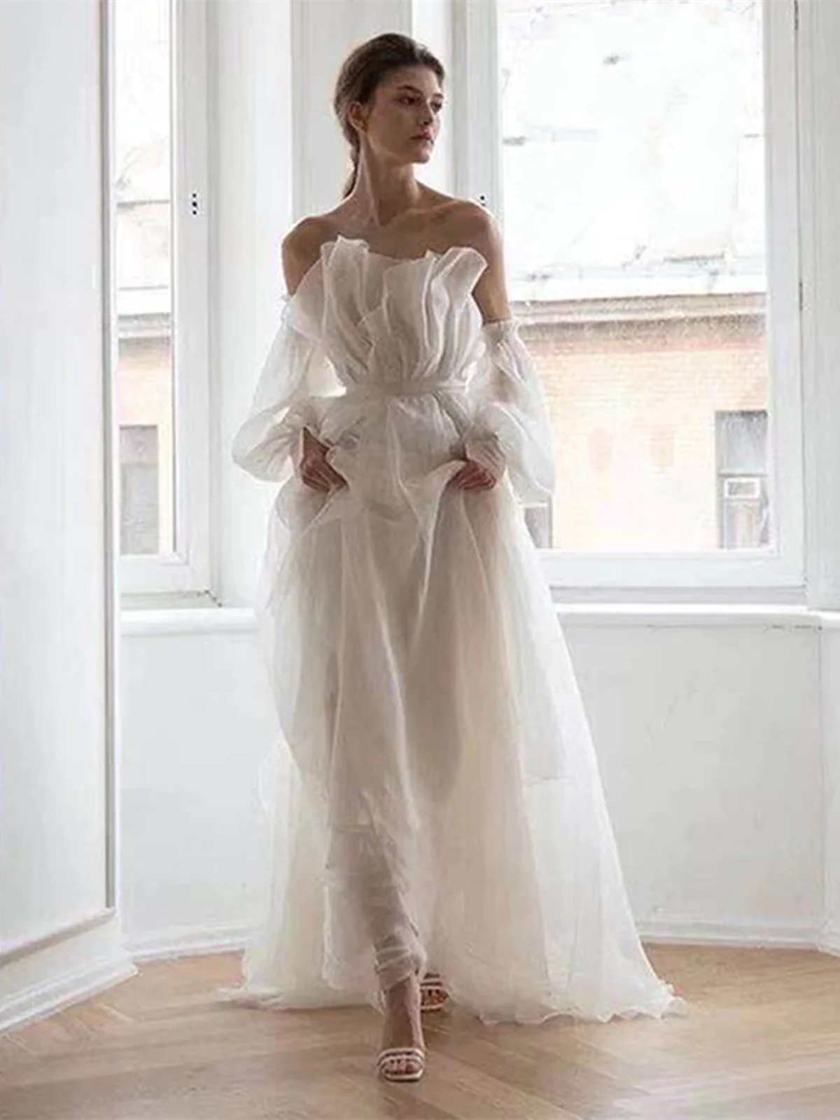 A line White Long Organza Prom Dress Formal Dresses