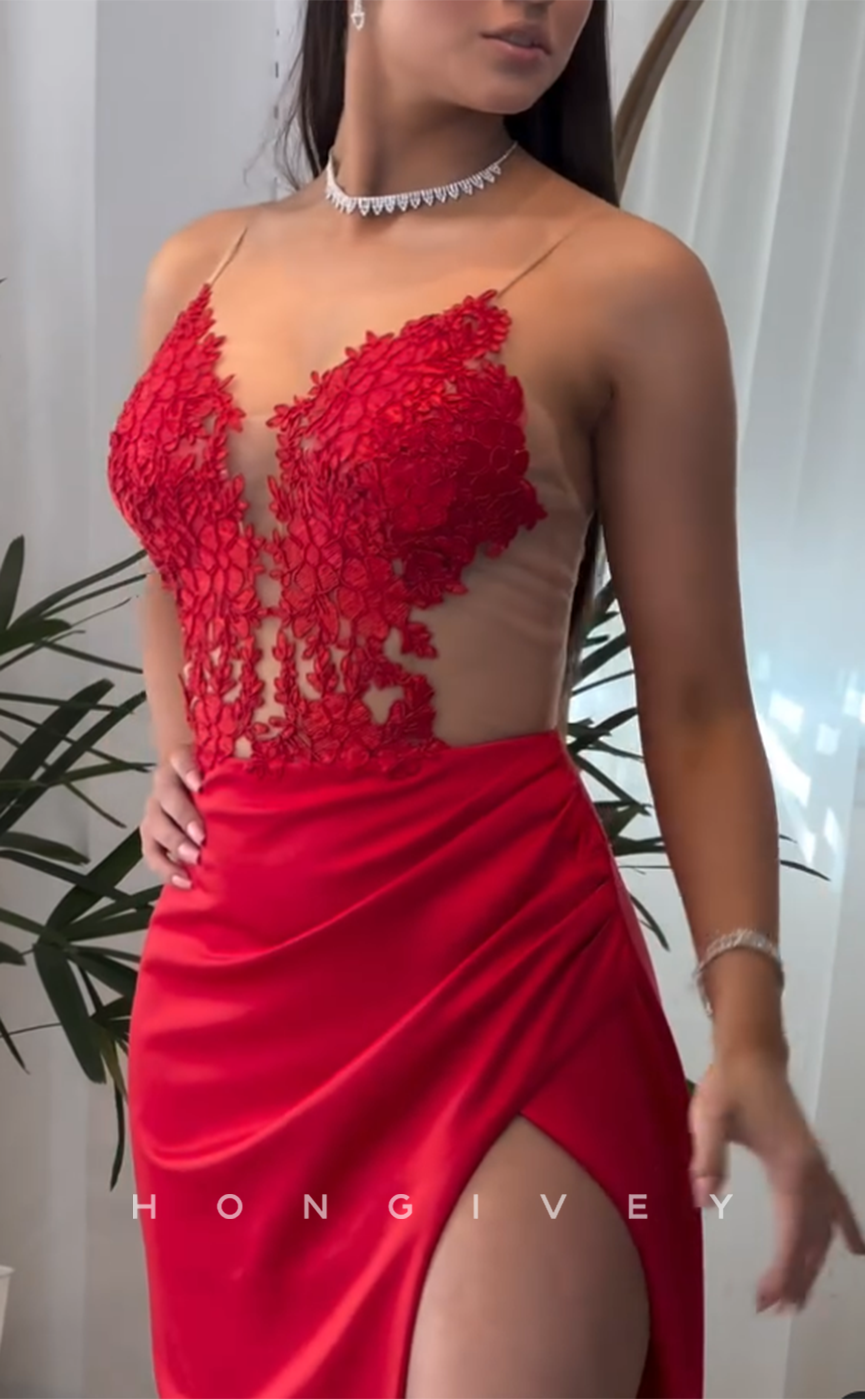 L2885 - Sexy V-Neck Spaghetti Straps Appliques With Side Slit Party Prom Evening Dress - Fashionpara