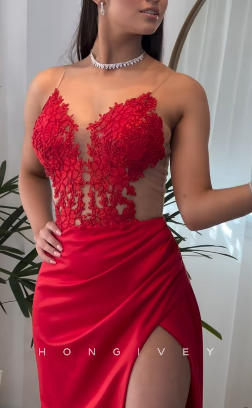 L2885 - Sexy V-Neck Spaghetti Straps Appliques With Side Slit Party Prom Evening Dress - Fashionpara