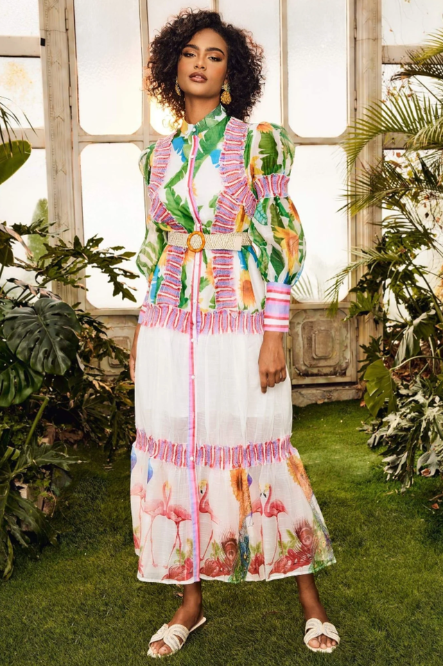 Tropical Print High Neck Puff Sleeve Tiered Midi Dress