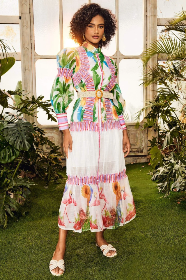 Tropical Print High Neck Puff Sleeve Tiered Midi Dress