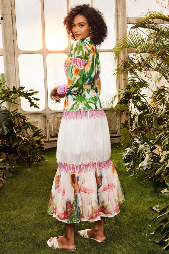 Tropical Print High Neck Puff Sleeve Tiered Midi Dress