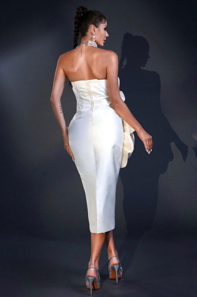Satin Strapless Rosette Sheath Midi Dress