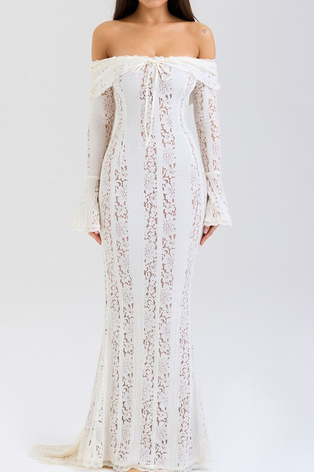 Belle Floral Lace Off Shoulder Maxi Dress in White