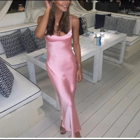 Simple A line Straps Sleeveless Party Dress Silk Satin Pink Prom Dress
