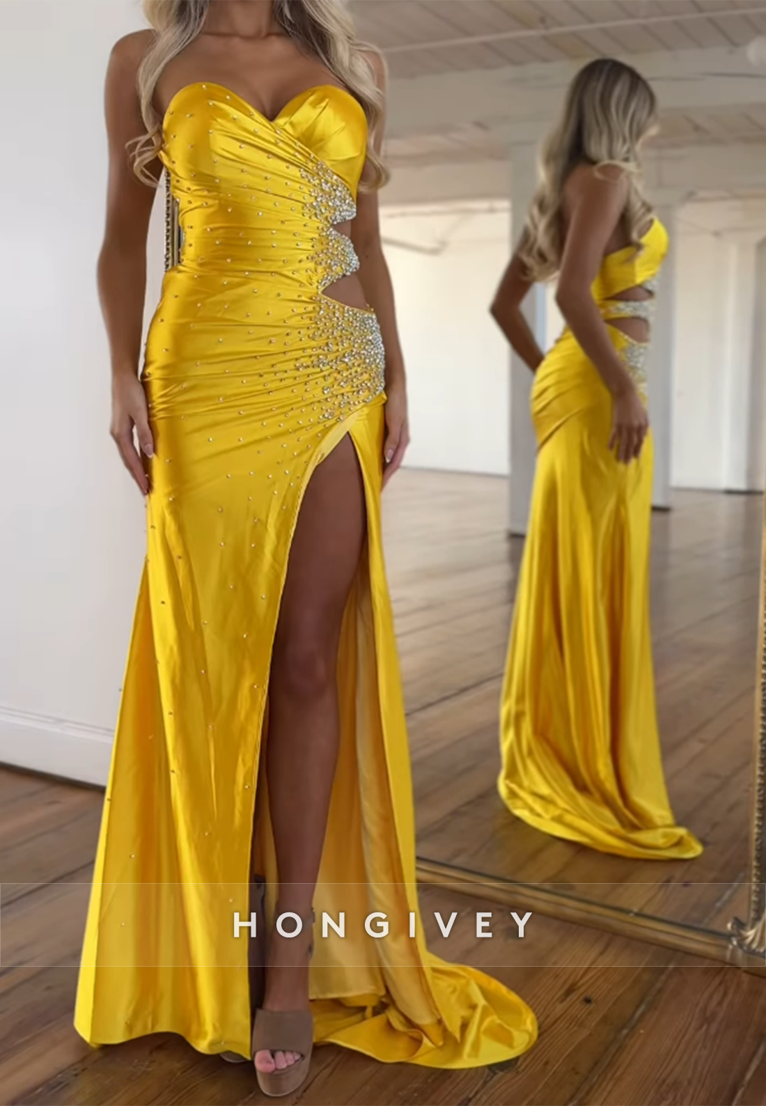 Sweetheart Rhinestone Pleats Formal Guest High Slit Prom Dresses