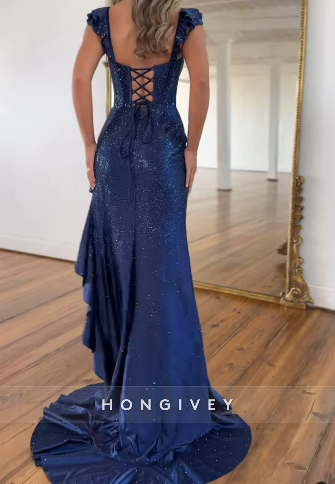 Fully Sequined Strap Side Slit Guest Prom Dresses with Sweep Train