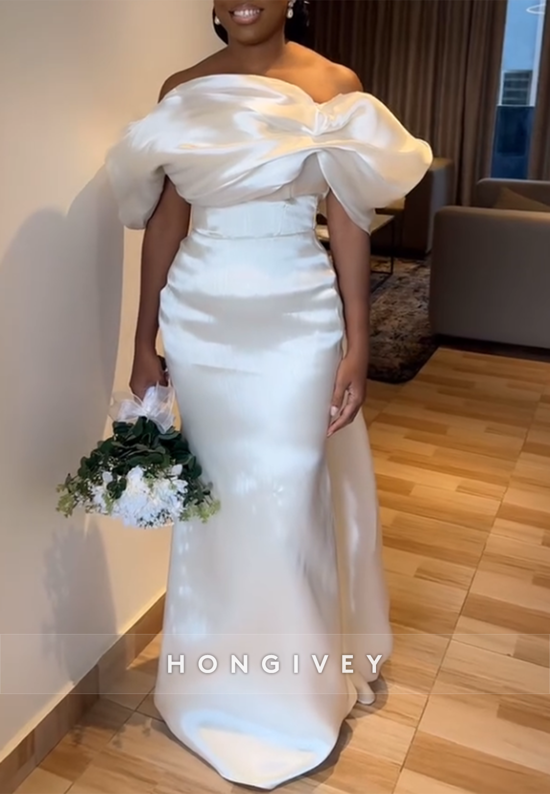 Pleated Satin Trumpet Off the Shoulder Floor-Length Wedding Dresses