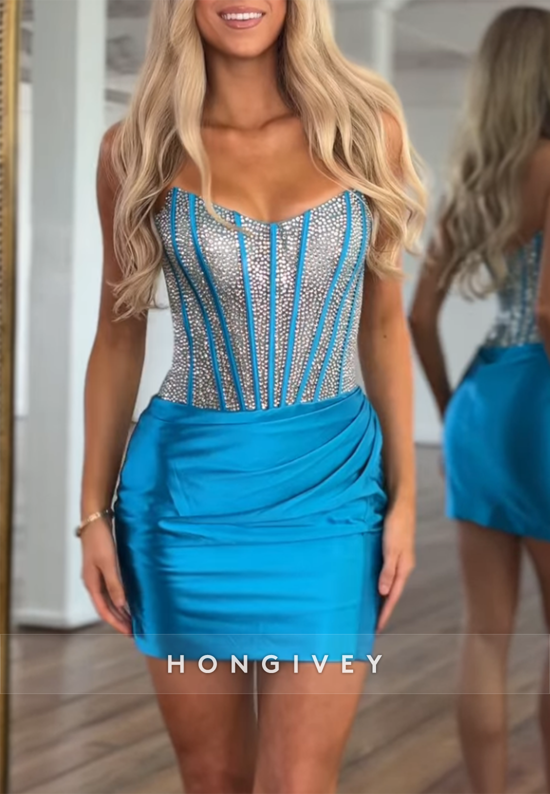 Satin V Back Strapless Pleated Sheath Sleeveless Mini Homecoming Dresses