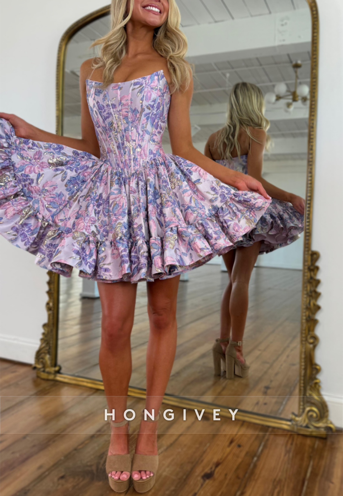 Floral Print Strapless Low Back Short Pleated Ball Gown Empire Homecoming Dresses