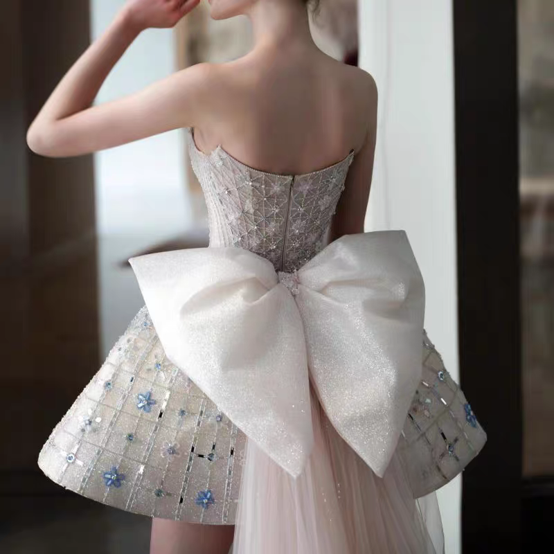 Glitter Strapless Tulle Beaded Mini Birthday Dress Pink Homecoming Dress With Bow S257