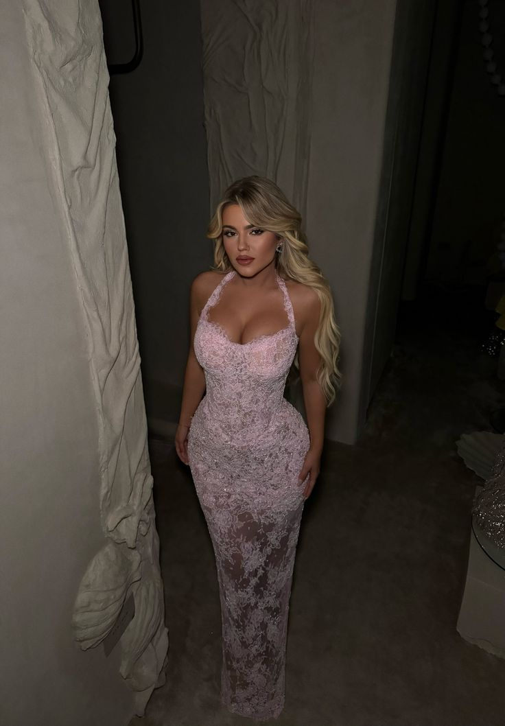 Pretty Pink Halter Lace Mermaid Evening Dress Long Birthday Party Dress D1386