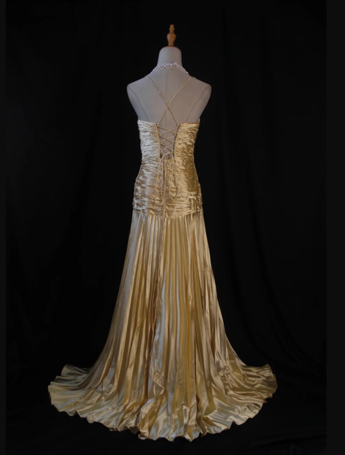 Stylish Spaghetti Straps Gold V Neck Satin Pleated Beaded Long Party Dress Formal Wedding Guest Dress D1161