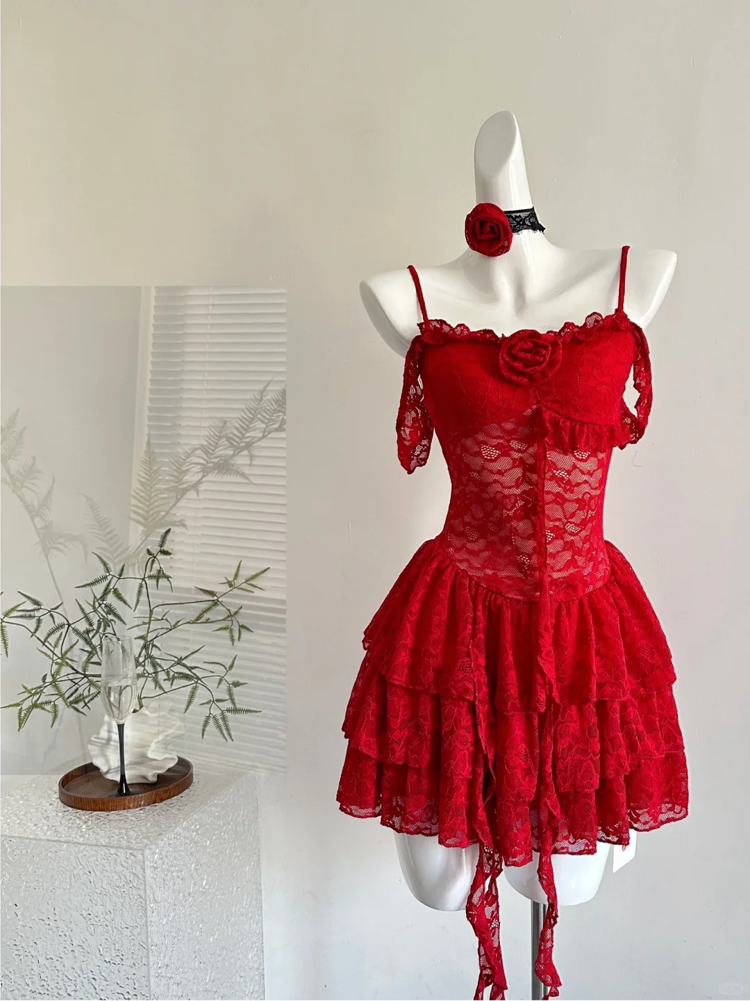 Stylish Red Lace Layered Homecoming Dress Spaghetti Strap Cocktail Dress Party Dress S322