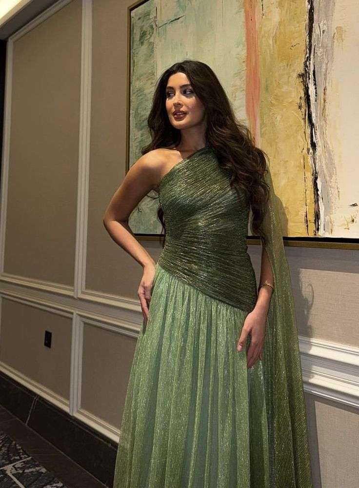 Shiny Green One Shoulder Tulle Pleated Long Wedding Guest Dress Formal Evening Dress D1446