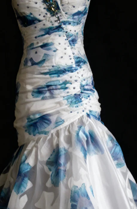 Elegant Sweetheart Neck Blue Tulle Print Floral Mermaid Long Prom Dresses Birthday Party Dress D1516