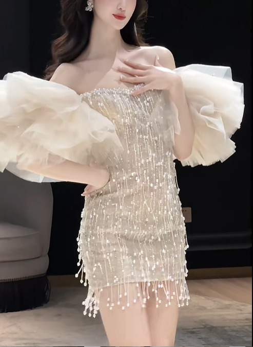 Glitter Light Champagne Sequin Beaded Sheath Short Prom Dress Birthday Outfits Formal Homecoming Dress D156