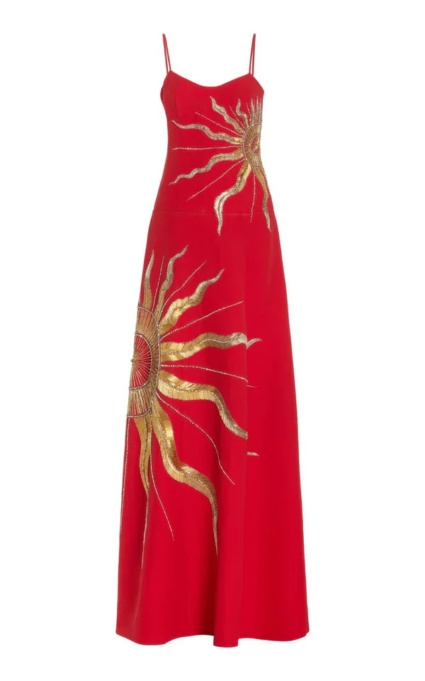 Gorgeous Spaghetti Straps Red Satin With Gold Sequin Long Party Dress Evening Dress D1387