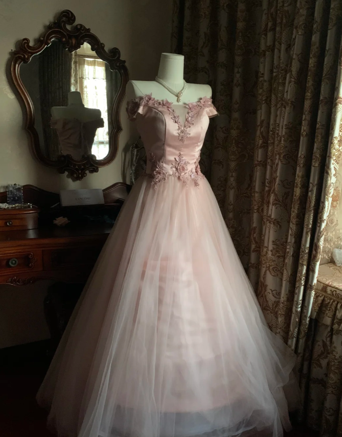 Sweet Pink Off The Shoulder Satin Tulle Appliques Long Birthday Party Dress Prom Gown D1748