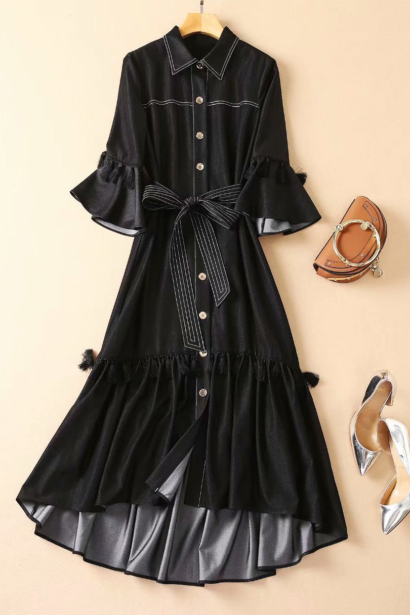 Collared Button-Front Tie-Waist Ruffle-Hem Shirt Dress