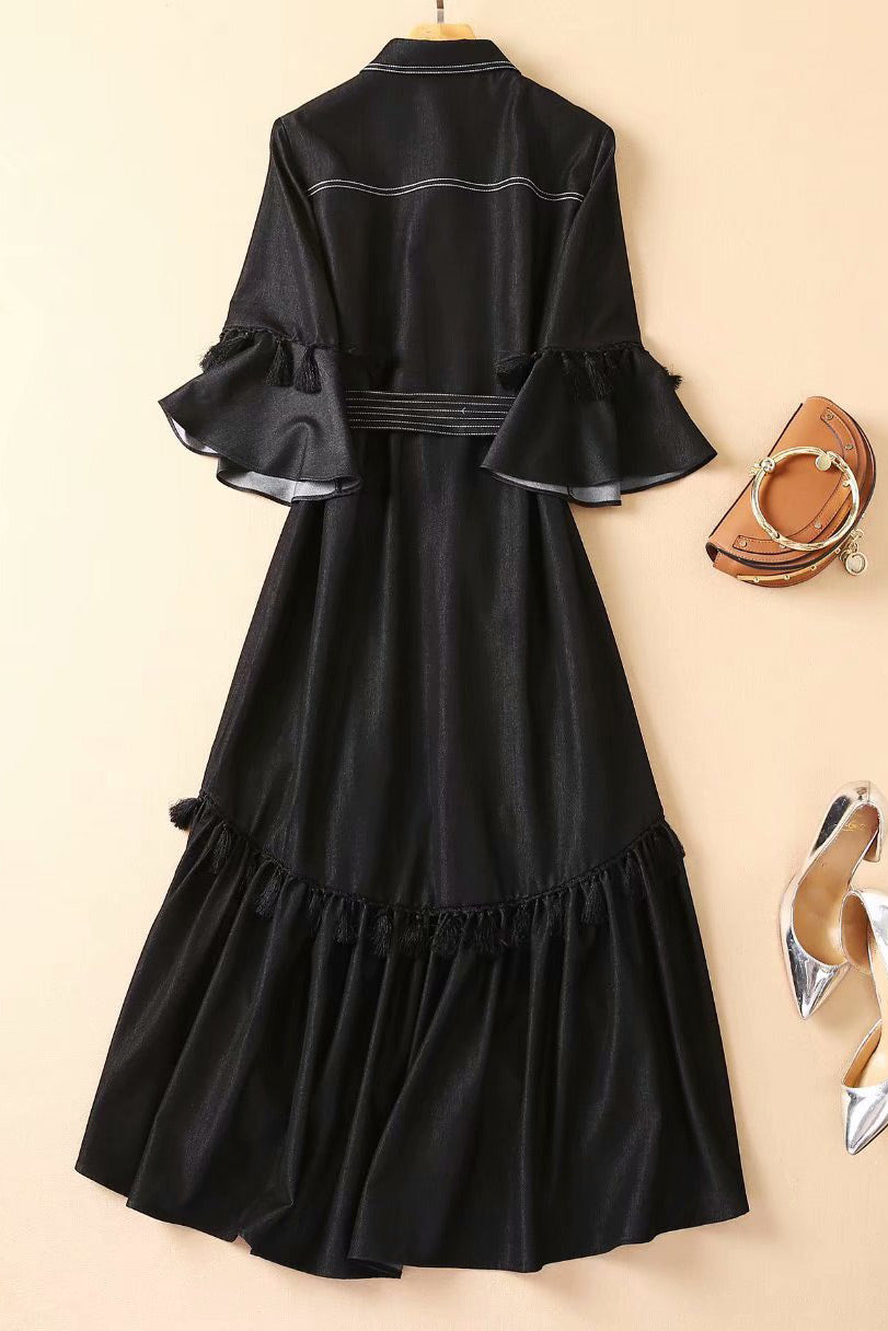Collared Button-Front Tie-Waist Ruffle-Hem Shirt Dress
