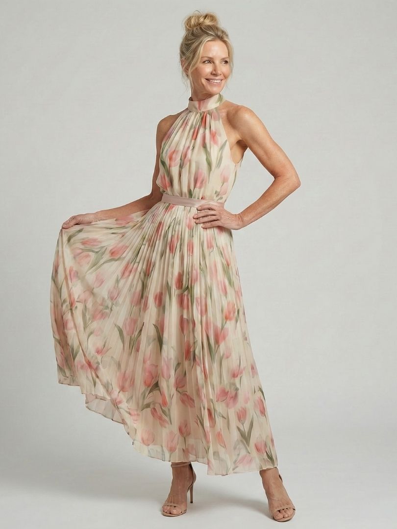 Floral Halter Neck Pleated Belted Maxi Dress 3