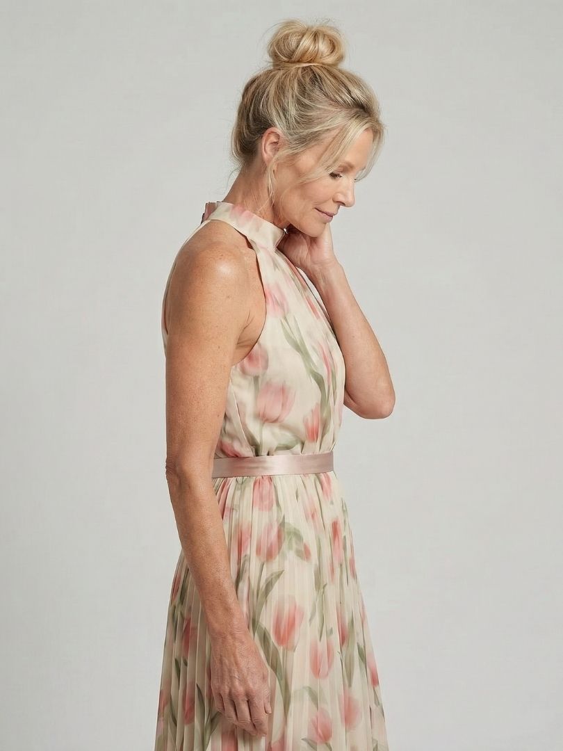 Floral Halter Neck Pleated Belted Maxi Dress 2