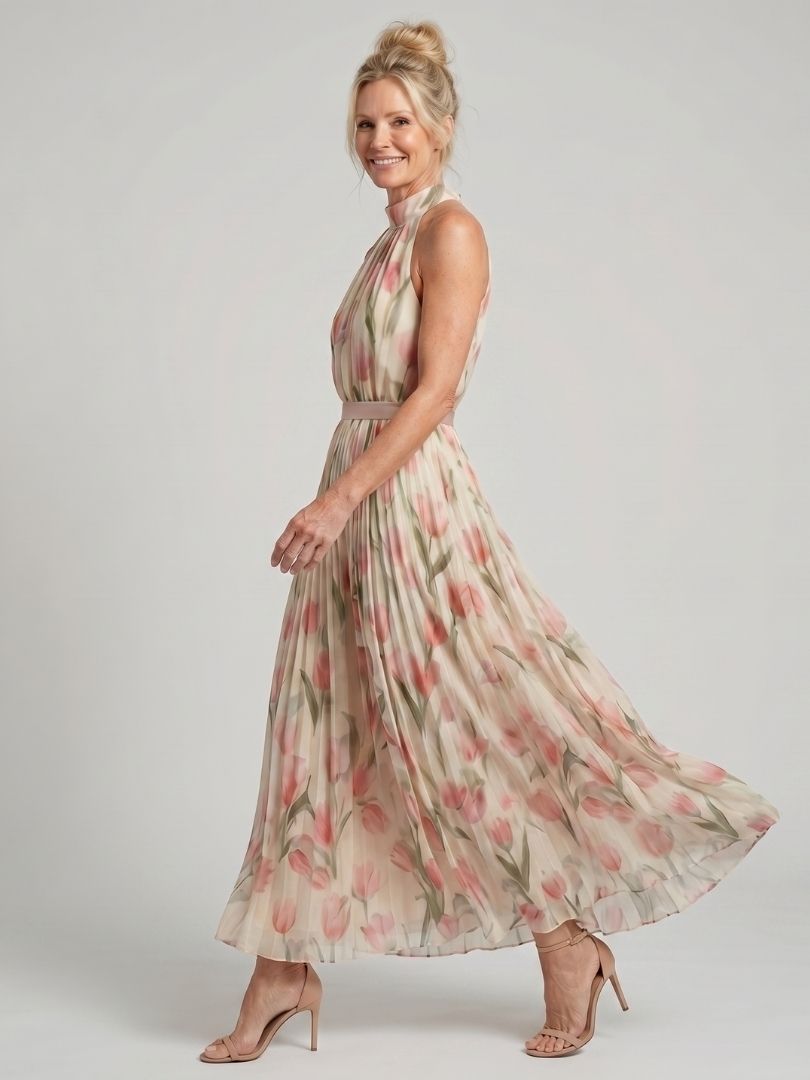 Floral Halter Neck Pleated Belted Maxi Dress 4