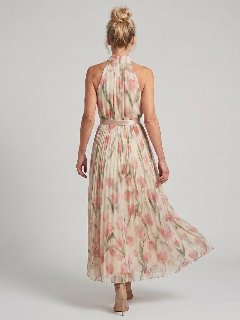 Floral Halter Neck Pleated Belted Maxi Dress 6